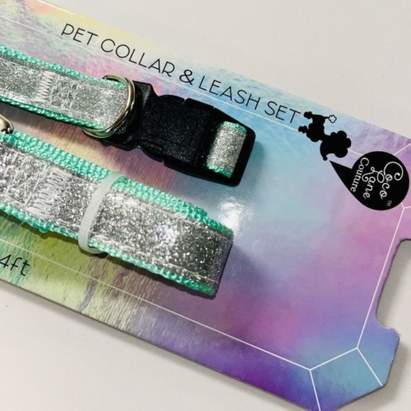 Coco Lane Couture Dog Collar & Leash Set Mint Green w/ Silver Glitter Size Small - Picture 8 of 12